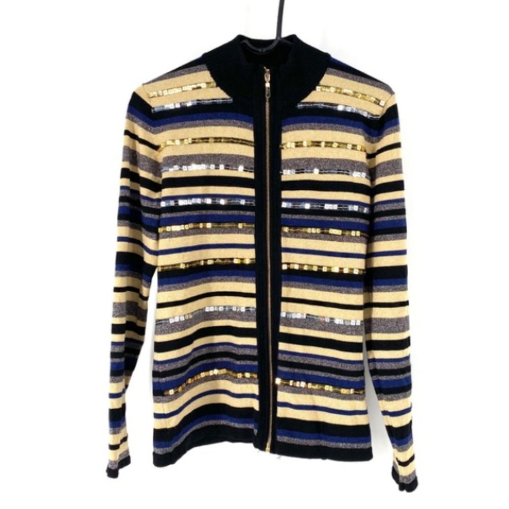 Belldini Women's Striped Sequin Zip Up Sweater - L